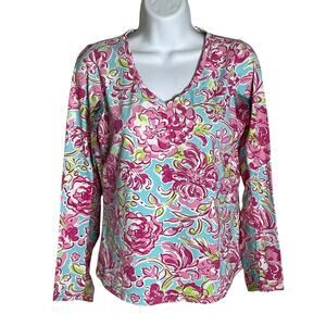 Icikuls Performance Top S Sun Protection Pink Floral V-Neck Mesh Vents UPF 50+